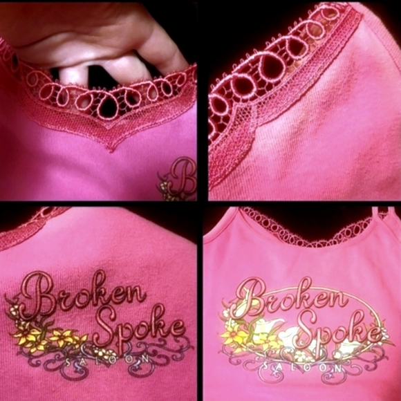 Vtg Y2K pink Broken Spoke saloon embroidered graphic cut out handkerchief tank M - Picture 15 of 17